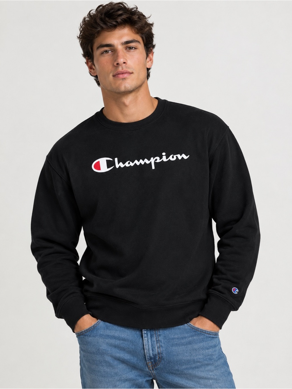 Champion Black Crewneck Sweatshirt with Script Logo